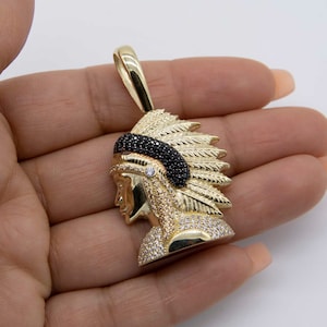 2" CZ Indian Chief Pendant Real 10K Yellow Gold