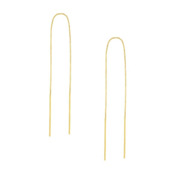 Thin Bar Box Chain Threader Earrings Real 14k Yellow Gold