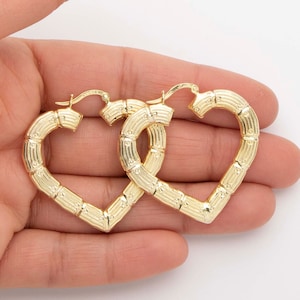 1 1/2" Bamboo Heart Hoop Earrings 14K Yellow Gold-Plated Silver 925