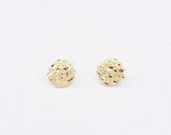 Medium Round Diamond Cut Nugget Stud Earrings Real Solid 10K Yellow Gold