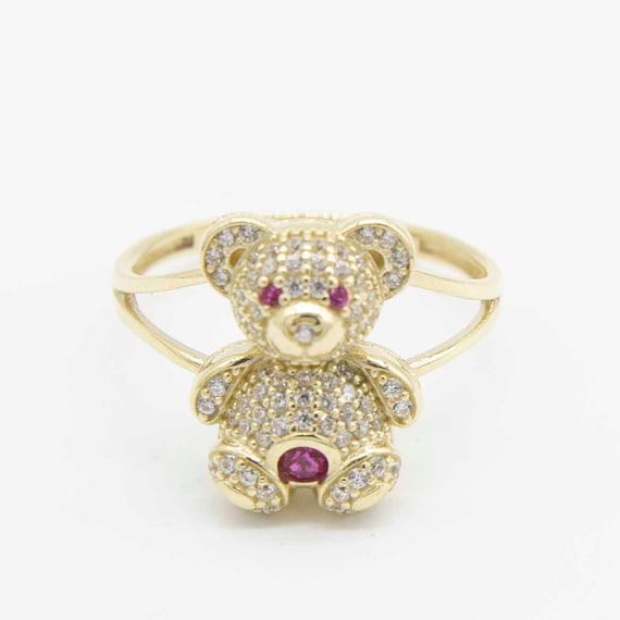 Colorful CZ Teddy Bear Ring Real Solid 10K Yellow Gold All
