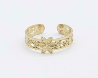 Adjustable Filigree Flower Design Toe Ring Solid Real 10K Yellow Gold