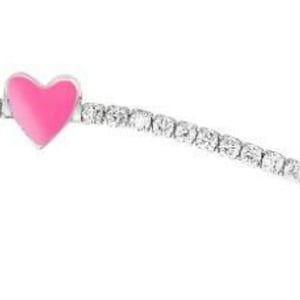 Pink Enamel Heart Round CZ Tennis Bracelet Real Sterling Silver 925