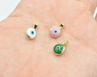 Green, White & Pink Evil Eye Luck Charm Pendant Real 14K Yellow Gold