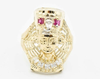 CZ Pharaoh Egyptian King Ring Real Solid 10K Yellow White Gold All Sizes