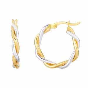 Twisted Double Wire Two Tone Round Hoop Earrings Real 10K Yellow White Gold