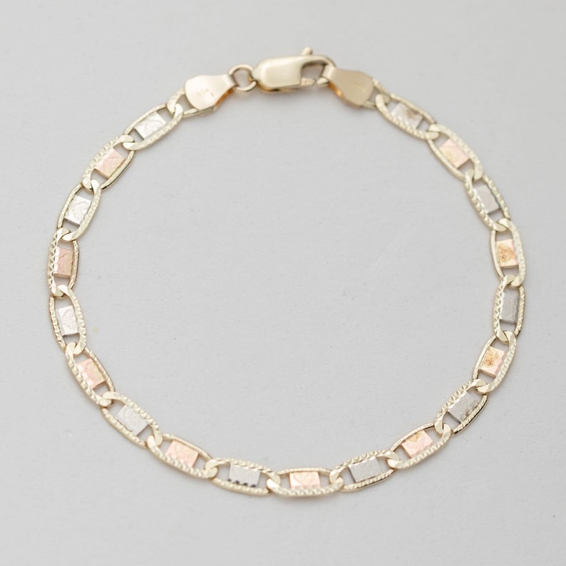 10K GOLD Heart Textured Valentino Link Bracelet Tri-Color Gold All Sizes image 3