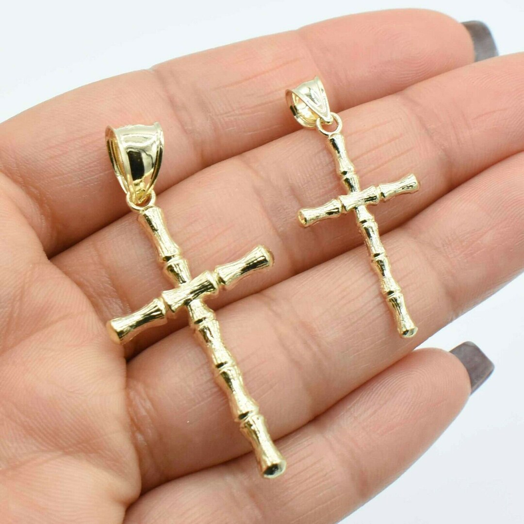 Bamboo Textured Cross Pendant Real Solid 10K Yellow Gold All Sizes - Etsy