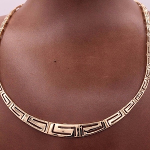 17&quot; Graduated Cut Out Greek Key All Shiny Necklace Real 14K Yellow Gold