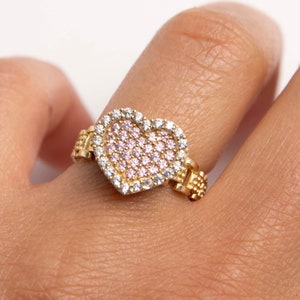 Pink Heart Ring Real 10K Yellow Gold Size 6.5