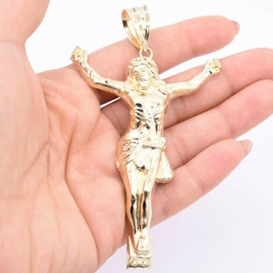 4&quot; Textured Jesus Crucifix Pendant Charm Real Solid 10K Yellow Gold