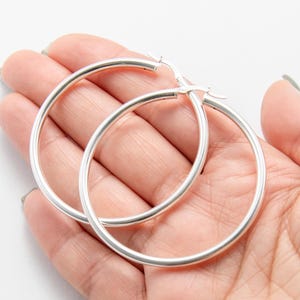 3mm x 2 1/4&quot; 55mm Polished Round Plain Hoop Earrings 925 Sterling Silver