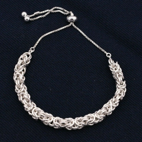 Classic Square Byzantine Box Chain Adjustable Bracelet Real Sterling Silver 925