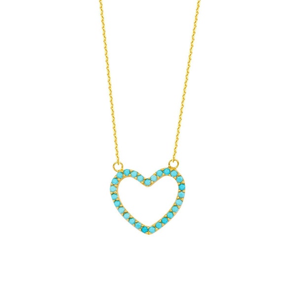 Adjustable Open Heart with Nano Turquoise Necklace Real 14K Yellow Gold 18"