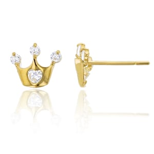 Italian Round & Heart Cut CZ Crown Stud Earrings Real 14K Yellow Gold