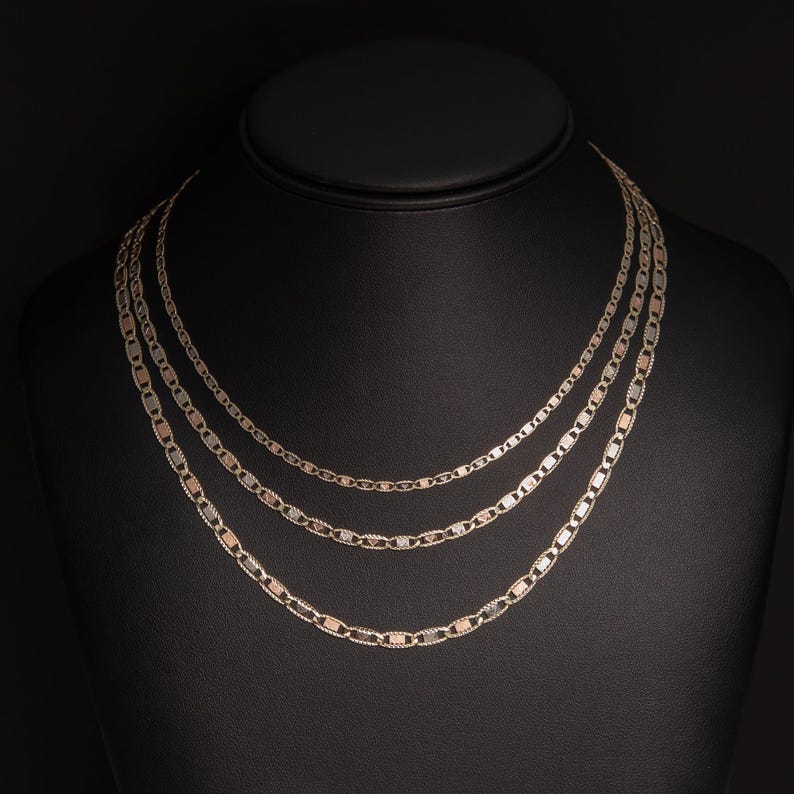 10K GOLD Heart Textured Valentino Link Chain Necklace Tri-Color Gold All Sizes image 4