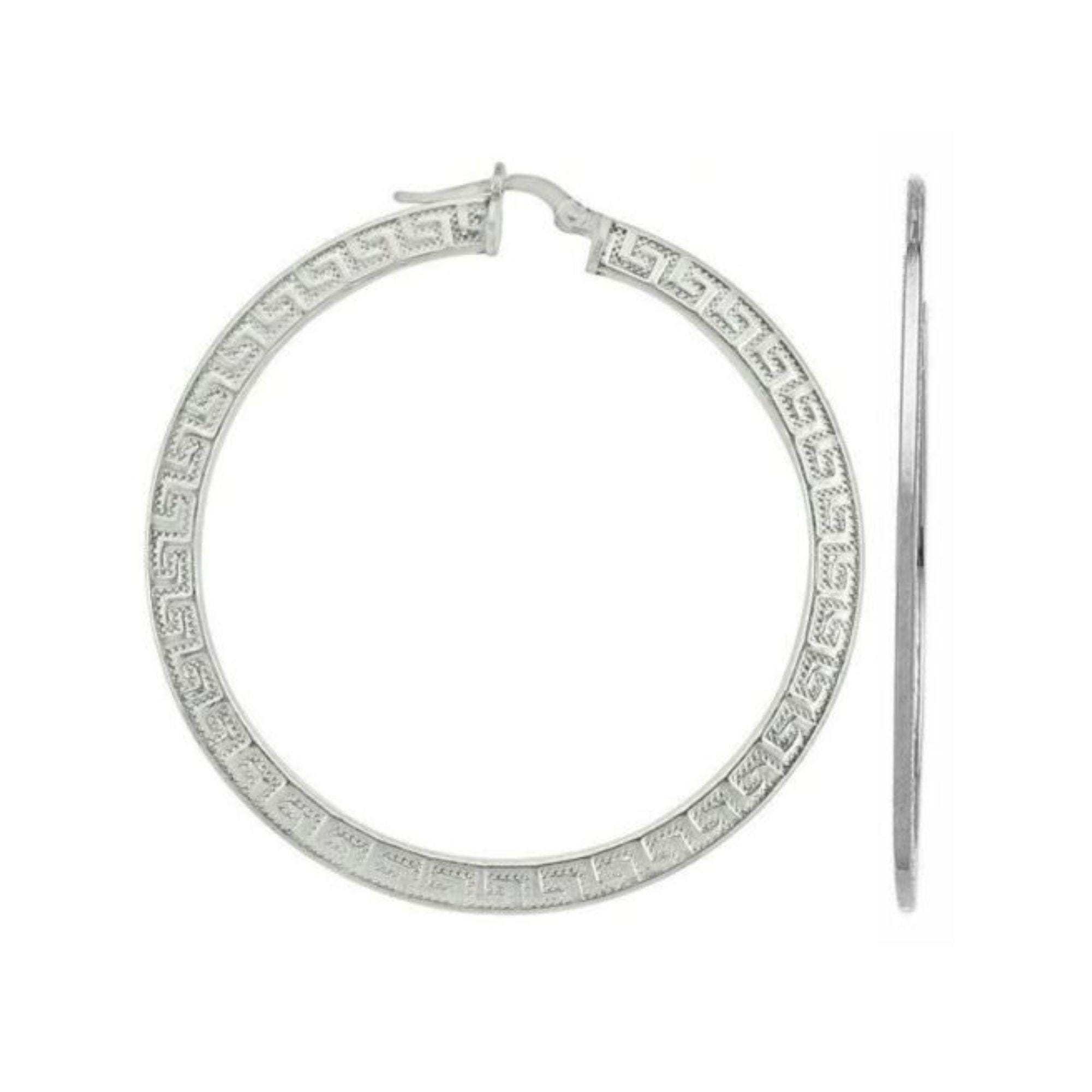 30mm 1.2 Flat Greek Key Hoop Earrings Meander 3D Motif Sterling Silver 925