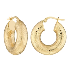 7/8&quot; Round Textured Diamond Cut Hoop Earrings Real 14K Yellow Gold