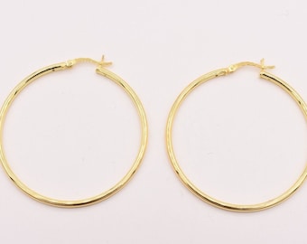 3mm X 55mm 2 1/4" Large Plain Polished Shiny Hoop Earrings REAL 14K Yellow Gold