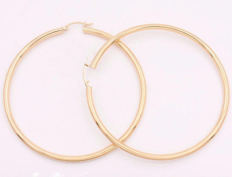 3mm X 70mm 2 3/4" Large Plain All Shiny Hoop Earrings REAL 14K Yellow Gold 5.7gr 