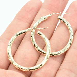 1 3/8&quot; Diamond Cut Hoop Earrings Real 10K Yellow Gold