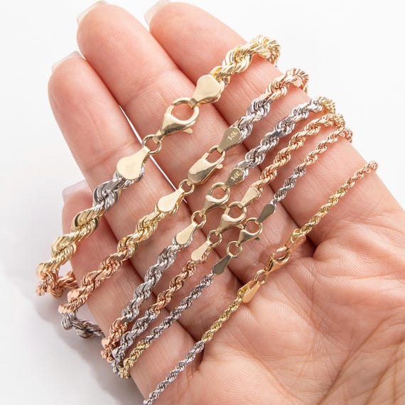 14K ソリッド ゴールド 3色ロープ チェーン ブレスレット イエロー