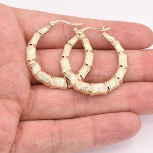 1 3/8&quot; 37mm Graduated Diamond Cut Bamboo Hoop Earrings Real 14K Yellow Gold