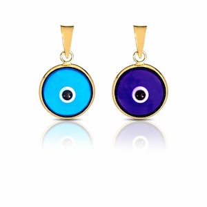 Colgante redondo de oro amarillo de 14 quilates con forma de ojo malvado en azul claro y azul oscuro