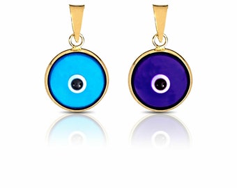 Pendentif porte-bonheur rond bleu clair et bleu foncé mauvais œil véritable or jaune 14 carats