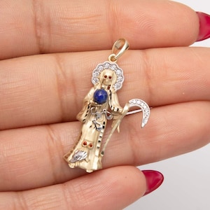 1 1/2&quot; CZ Halo Santa Muerte Angel of Death Pendant Real 10K Yellow White Gold