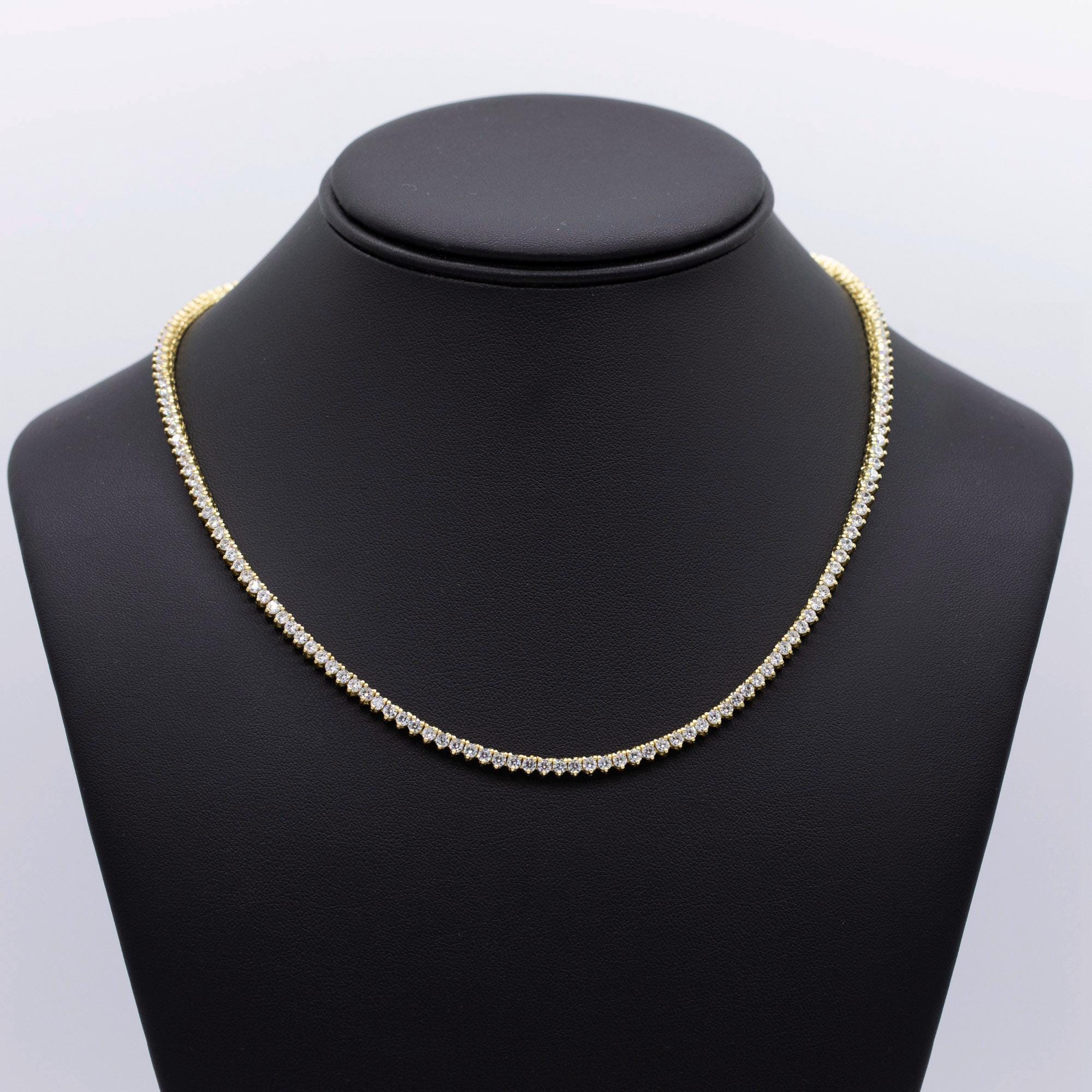 3.5 mm 3 プロング CZ テニス チェーン ネックレス 14K イエロー 
