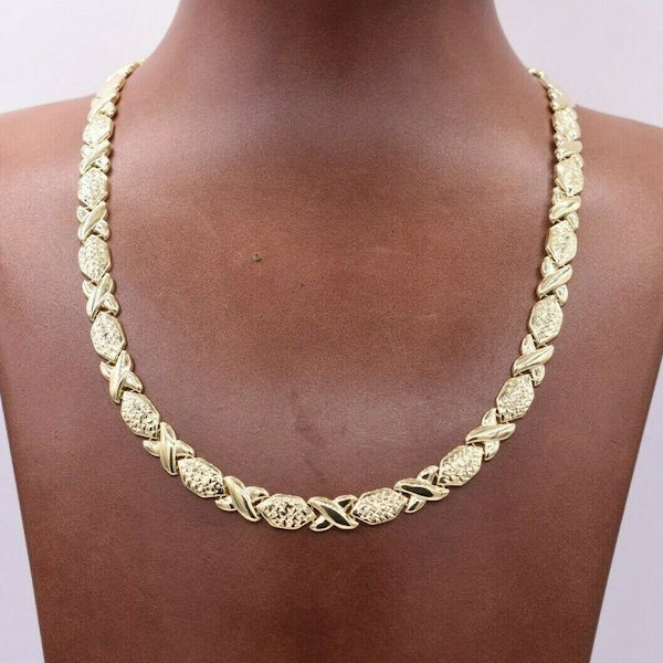 Diamond Cut Hugs and Kisses Stampato Necklace Real 10K Yellow Gold XOXO 17"