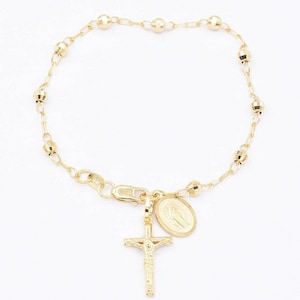 Getextureerde rozenkrans kruis Maagd Maria armband echt 10 kt geelgoud 7"