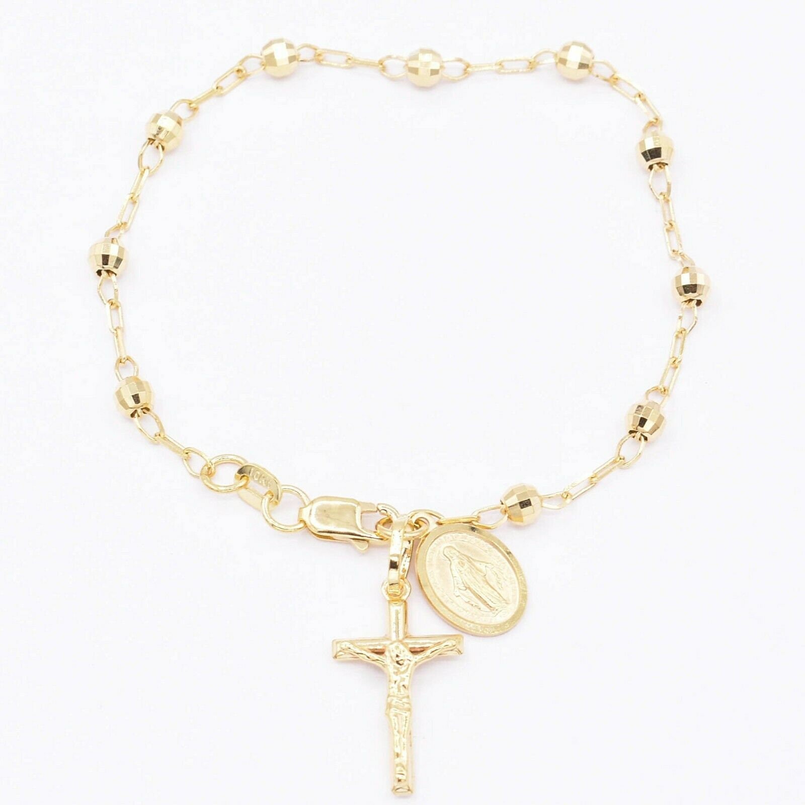 Textured Rosary Cross Virgin Mary Bracelet Real 10K Yellow Gold 7