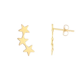Three Star Stud Climber Earrings Real 14K Yellow Gold