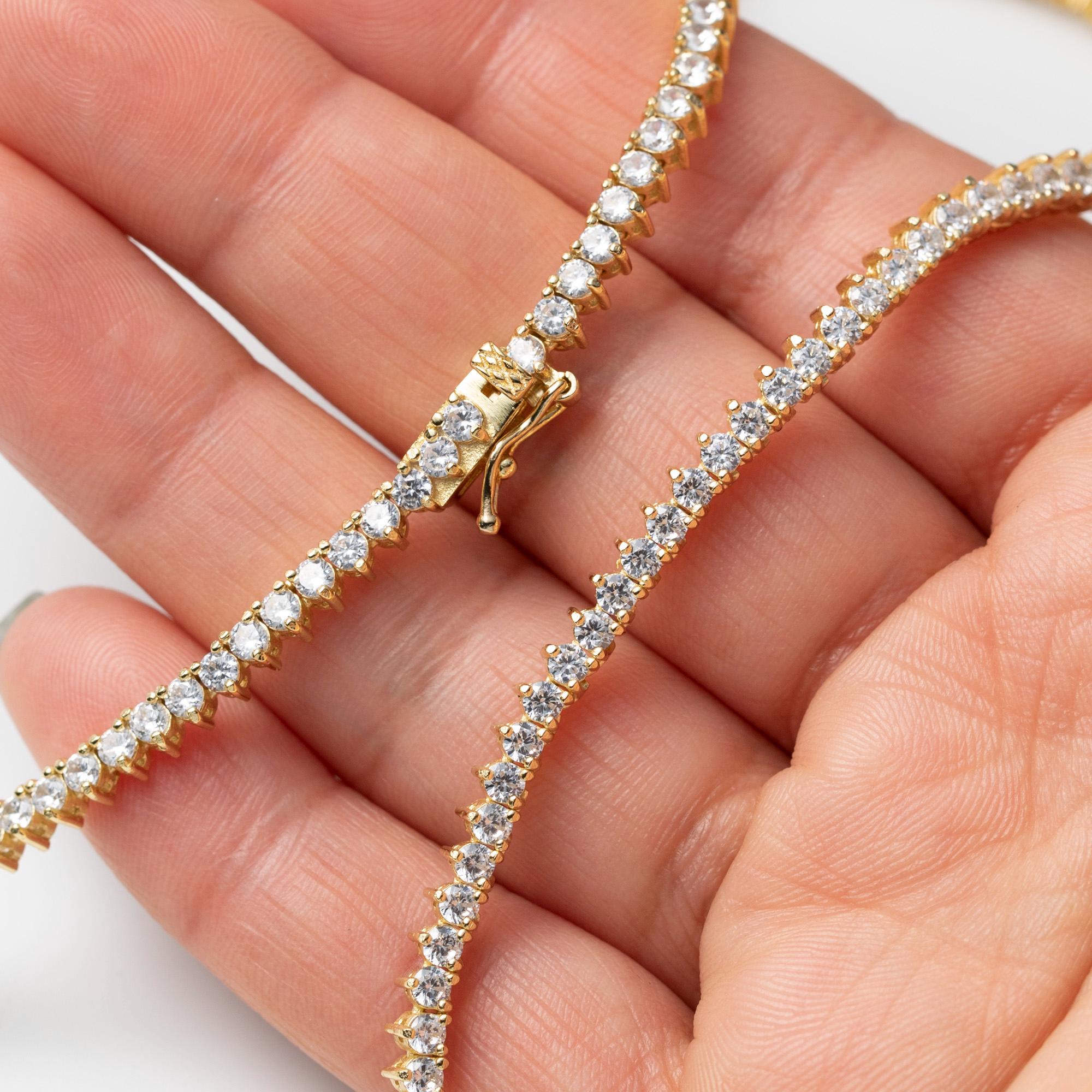 3.5 mm 3 プロング CZ テニス チェーン ネックレス 14K イエロー 