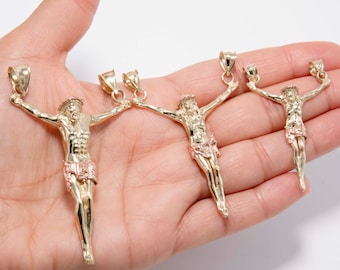 Textured Jesus Crucifix Pendant Solid 10K Yellow Rose Gold All Sizes