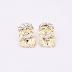 3/4&quot; Two-Tone Jesus Textured Stud Earrings Real Solid 10K Yellow White Gold