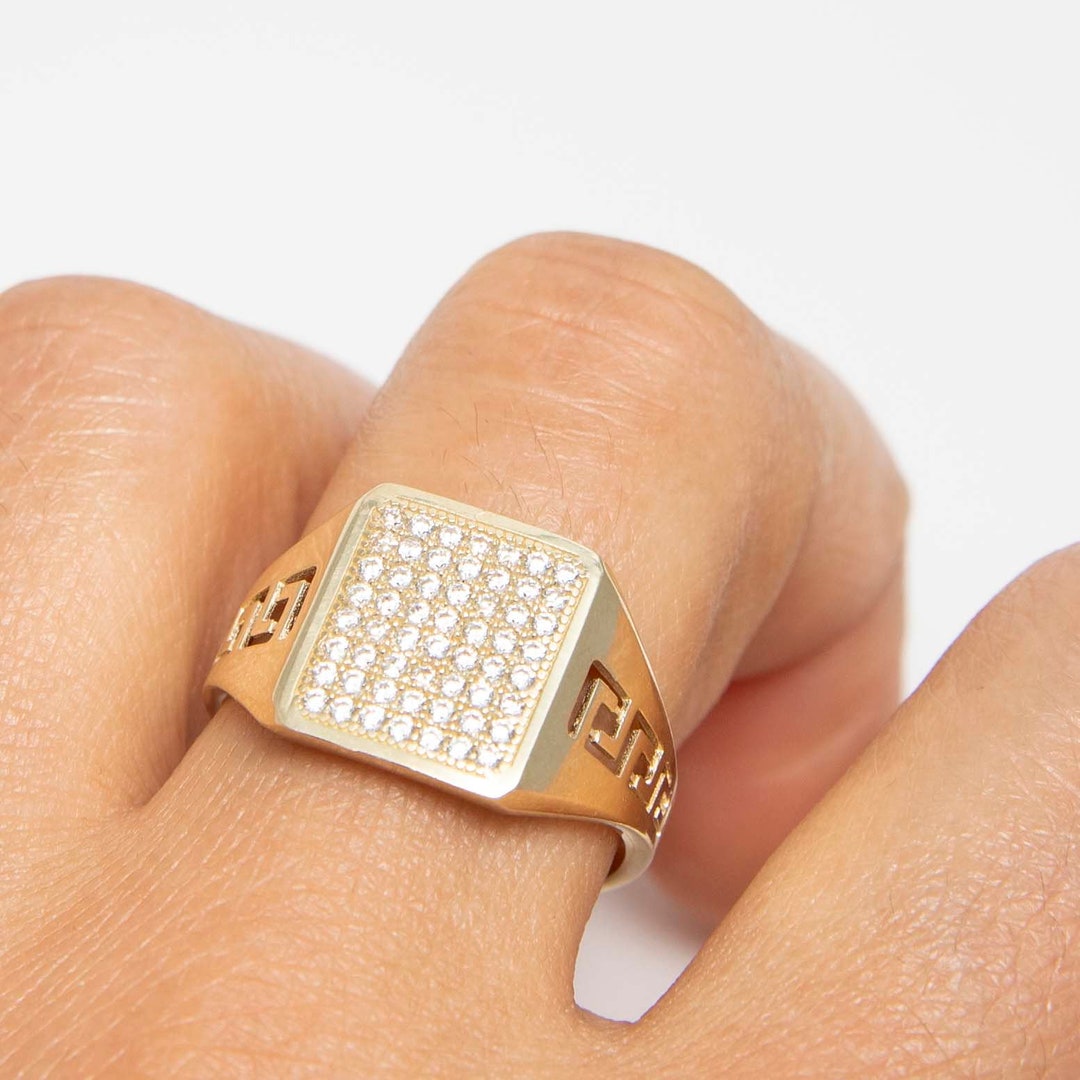 Signet Ring Real Greek Design CZ Signet Ring Real Solid 10K Yellow Gold All Sizes - Etsy