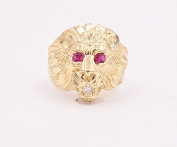 Antique Gold Lion Ring Created Ruby Eyes & Diamond Mouth
