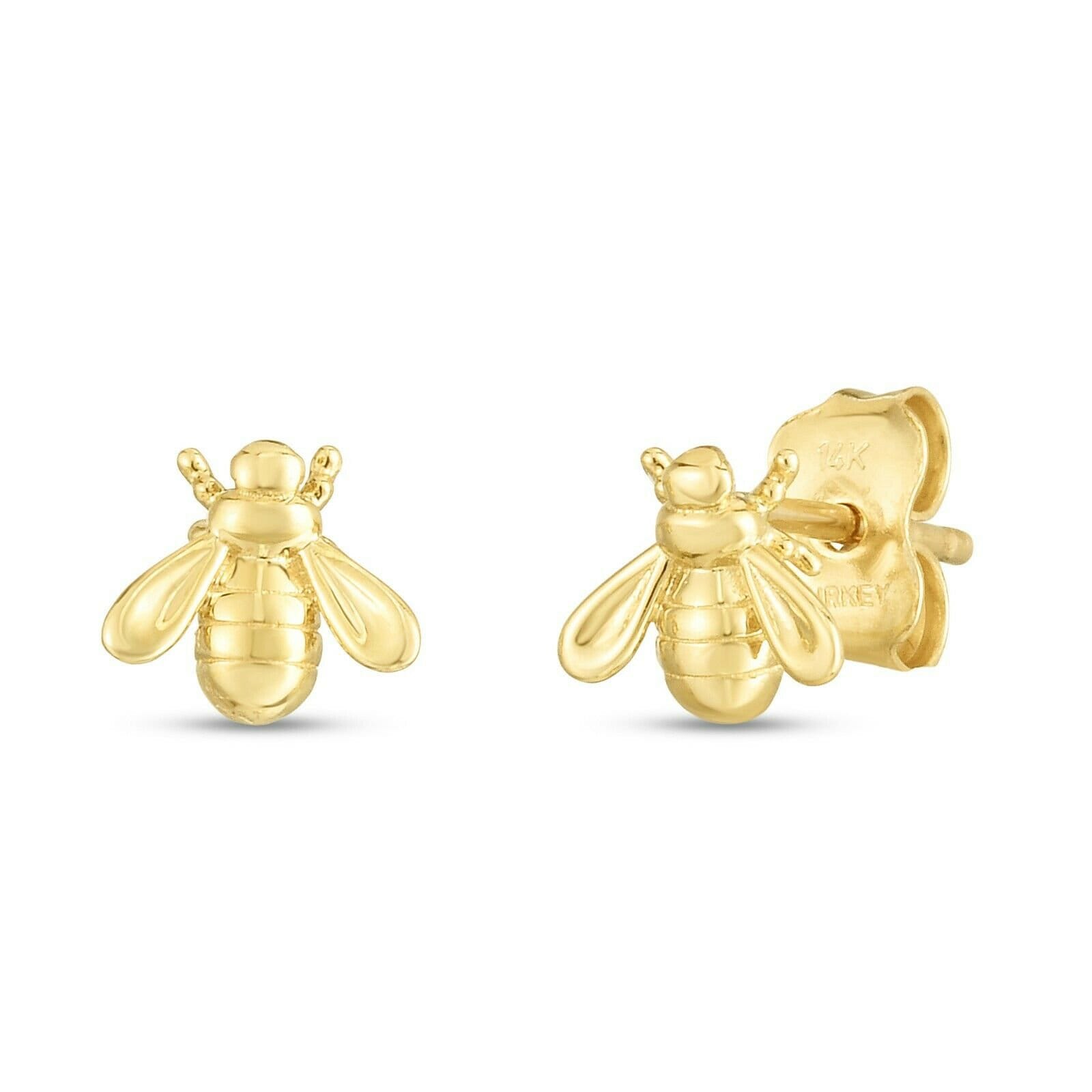 Mini Bee Stud Earrings Real 14K Yellow Gold