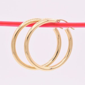 1 3/8" 3mm X 35mm Plain All Polished Shiny Hoop Earrings REAL 14K Yellow Gold