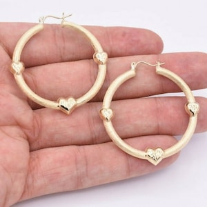 1 3/4&quot; Diamond Cut Satin Heart Hoop Earrings Real 10K Yellow Gold