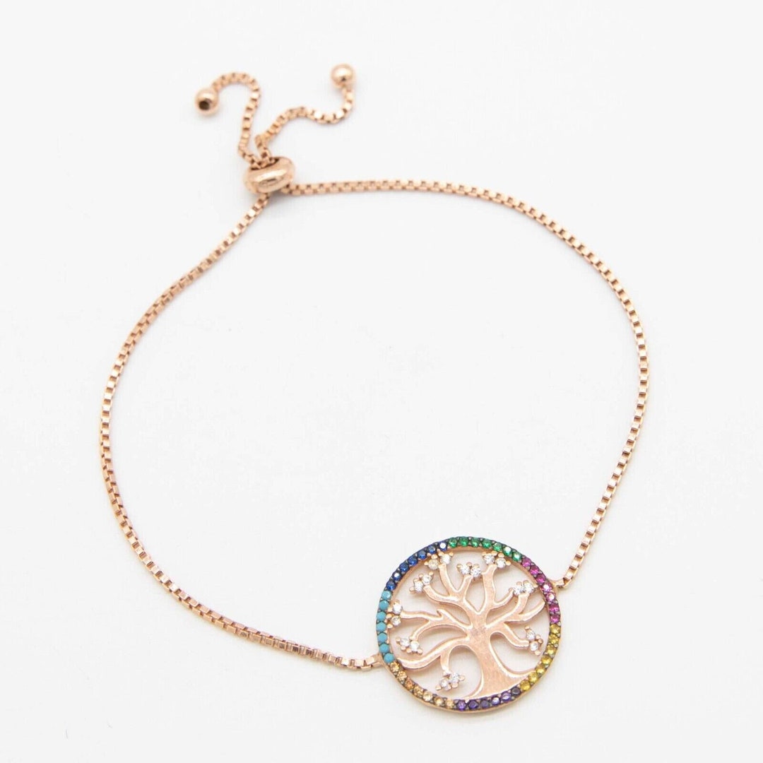 Rainbow Tree of Life CZ Bracelet Real 14K Rose Gold Plated Silver 925 ...