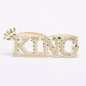 Diamond-Cut &quot;KING&quot; Script Two Finger Ring Real 10K Yellow Gold