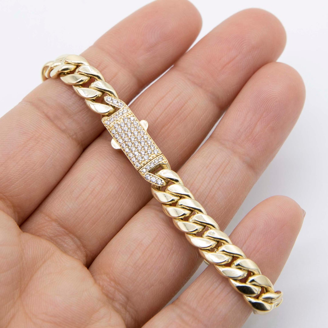 7.5mm Miami Cuban Link Chain CZ Box Lock Bracelet Real 14K Yellow Gold ...