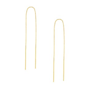 May include: A pair of gold threader earrings featuring a long, slender chain design. Each earring consists of a delicate, polished gold box chain that loops through the ear, creating two parallel vertical lines of equal length in a simple, linear form.