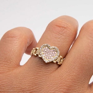Women&#39;s Shiny Pink Heart Ring Real 10K Yellow Gold