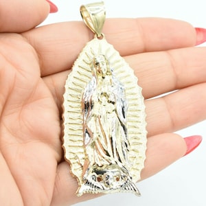 Pingente de Virgem Maria em dois tons com corte de diamante de 3" em ouro branco amarelo 10K real