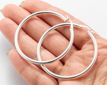 3mmX50mm 2&quot; Large Plain Polished Round Hoop Earrings Real 925 Sterling Silver